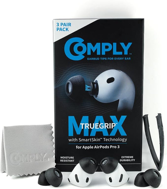 Comply TrueGrip MAX | Premium Memory Foam Replacement Earbud Tips for Apple AirPods Pro Gen 3 | Long Lasting Comfort, MAX Durability, Secure Fit, Superior Noise Isolation| Black (Medium) (3 Pairs)