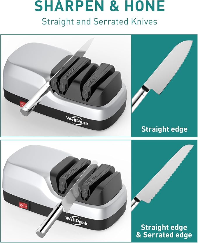 2-Stage Electric Knife Sharpener for 20-Degree Knifes, Diamond Abrasive Sharpening for Straight Edge Chef Knives, Ceramic Hone for Chef Knives, Serrated Knives Polishing