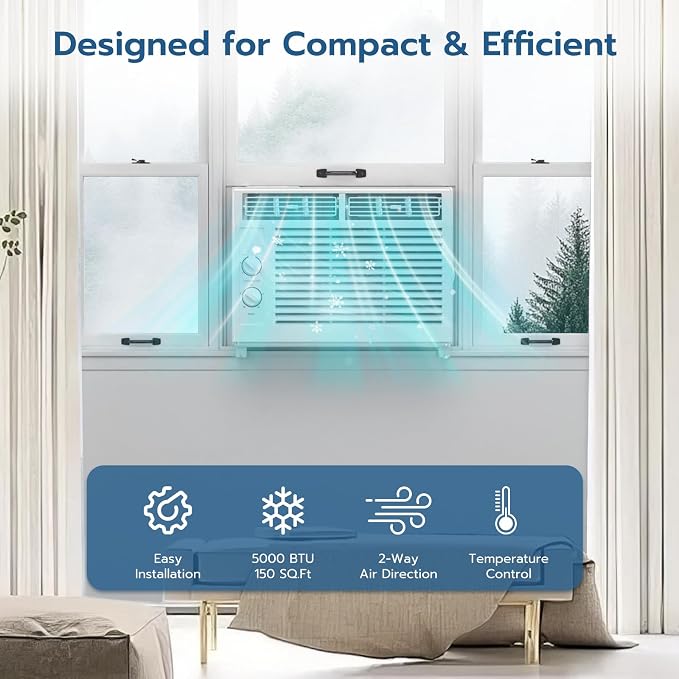 ZAFRO 5000BTU Window Air Conditioners Cool Up to 150 Sq Ft,Quiet Operation Window AC Unit with 2 Cool&Fan Functions,Easy to Use Mechanical Control,Washable Filter,Easy Install Kit,for Small Room,White