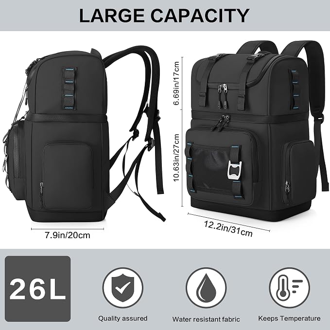 Large Waterproof Insulated Cooler Backpack for Men & Women, Double Decker Leak Proof Cooler Backpack for Beach, Camping, Picnic, Travel, 26L, 44Cans