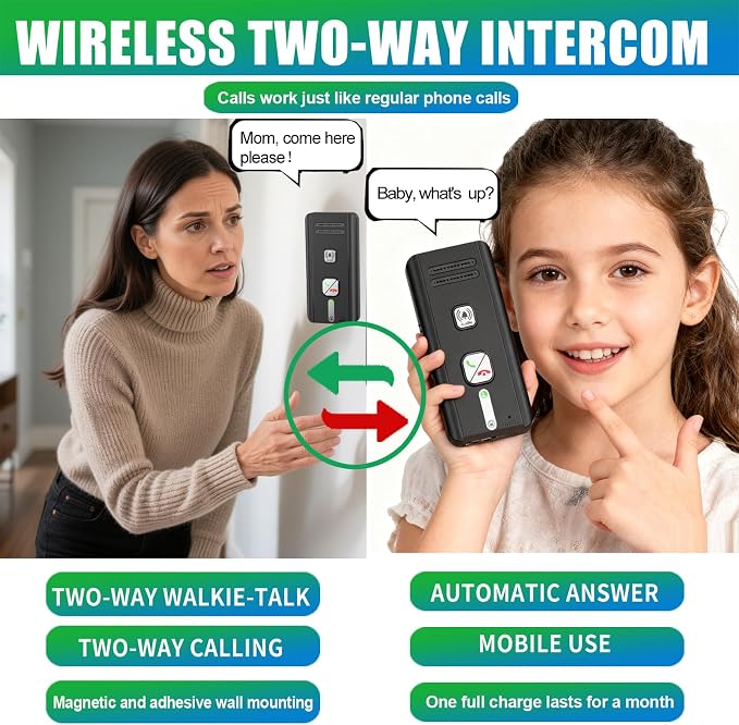 Home Intercom System Wireless 3 Pack, Expandable to 6 Units, Room-to-Room Communication, 1600ft Long Range, Auto Answer, Magnetic Wall Mount, 30-Day Battery, for Elderly Parents, Office, Indoor Use.