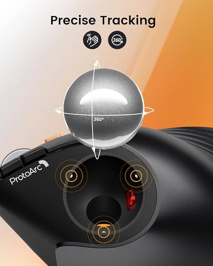 ProtoArc Wireless Trackball Mouse, EM05 NL Vertical Bluetooth Ergonomic Rollerball Thumb Mouse Rechargeable Laptop Mice, 3 Device Connection, Compatible with iPad, Mac, Windows-Silver