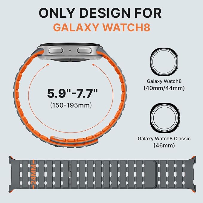 Bandletic Magnetic Band Compatible with Samsung Galaxy Watch 8 40mm 44mm / Watch 8 Classic 46mm 2025, No Gap Soft Breathable Silicone Replacement Strap for Men Women, Gray/Orange