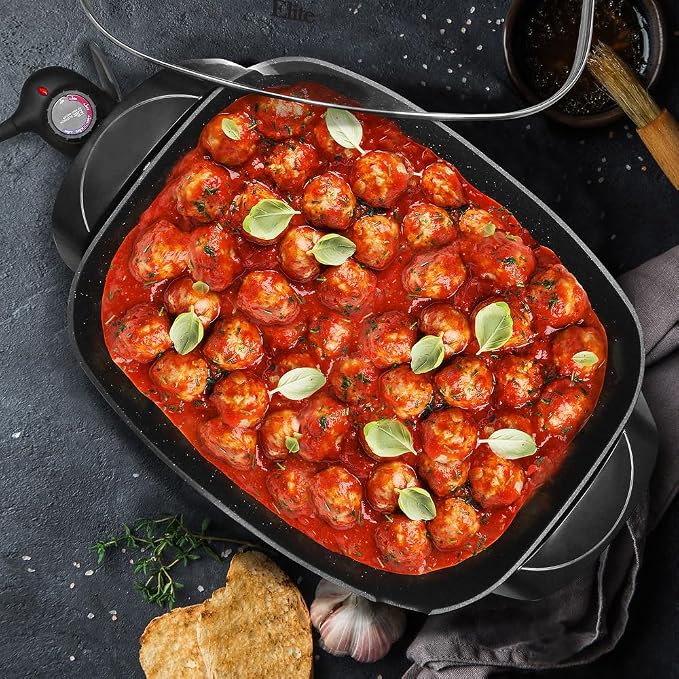 Elite Gourmet Extra Deep 16"x13" and 12"x12" Electric Skillets Bundle with Glass Lids, Adjustable Temp, Nonstick Coating