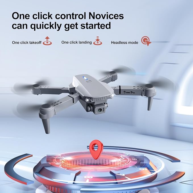 ikaufen E88 Drone No screen control, Camera for Adults RC Drone With 720P HD Dual Camera WiFi FPV Foldable Quadcopter Aircraft +2 Battery (E88 No screen control+ 2 Battery)
