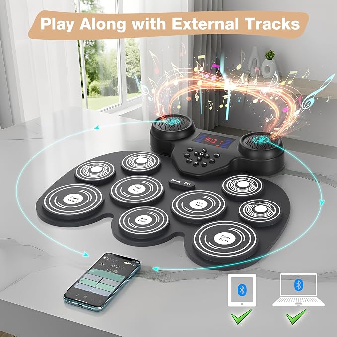 Electric Drum Set with 7 Colorful LED Light Patterns, Better Rebound Feel Electronic Drum Kit Featuring Bluetooth MIDI, 9 Drum Pads, and Dual Speakers, Christmas Birthday Gift for Kids Adult