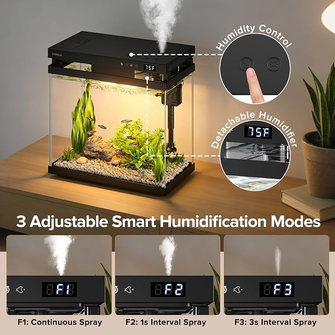 Vehipa Fish Tank, 2.2 Gallon Smart Aquarium, Small Fish Aquarium Kits with Smart Humidifier, Auto Feeder, Silent Water Pump, Temperature Display & 7-Color Lighting, for Office & Home - Black
