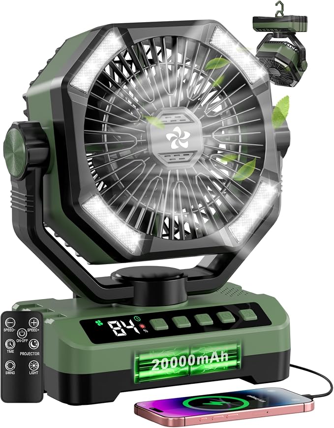 Camping Fan Battery Powered Fan - Rechargeable with Starlight, 20000mAh Battery Operated Outdoor 5 Speed Desk Fans with LED,Hook,Remote Control, Timer,Personal Fans for Tent, Power Outage, Fishing
