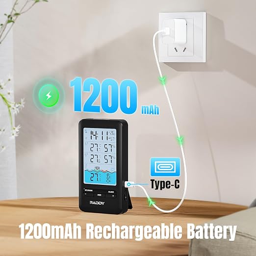 Raddy PT-3 Wi-Fi Pool Thermometer Floating Easy Read with 2 Additional Remote Sensors, APP Remote Monitor, Large Digital Display, Rechargeable, Wireless Hygrometer Thermometer for Indoor Outdoor