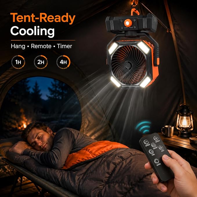 Portable Camping Fan with LED Lantern, 10000mAh Rechargeable Battery Operated Outdoor Fan with Remote, Auto Oscillating Portable Misting Fan with Hanging Hook for Tent, ABS, Orange & Black