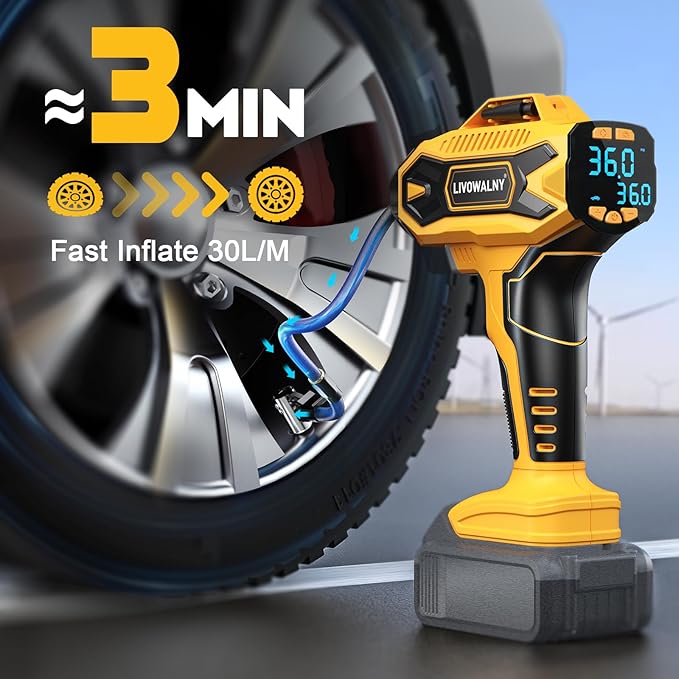 Tire Inflator Air Compressor Compatible with Dewalt 20V Battery, LIVOWALNY 160 PSI Cordless Portable Electric Air Pump 2026 Bigger LCD Digital Pressure Gauge for Car, Bike, Sport Ball (Tool Only)