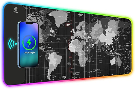 ToLuLu RGB Gaming Wireless Charging Mouse Pad, 5/7.5/10/15W 10 Light Modes LED Mouse Pad Computer Keyboard Mat Mousepad, 800x300x4MM Extended Large Desk Mat for Gaming, MacBook, Laptop, PC,World Map