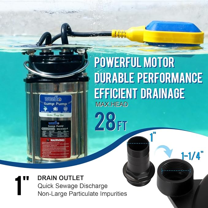 1.0HP Submersible Sump Pump Automatic Water Pump w/High Flow 4200 GPH 28ft Max Head, Irrigation, Swimming Pool, Garden Pond, Basement, Wells, 26ft Power Cord Stainless Steel(1HP/28FT)