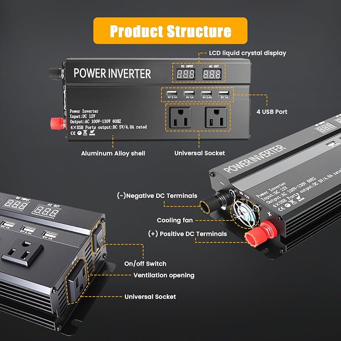 ALSO GO 1200W Power Inverter, 12v to 110V AC Car Inverter with Fast Charging 2.4A USB and 3 AC Outlets Ideal for Road Trips, Camping, RV, Truck, Solar, and Vehicle Power Needs