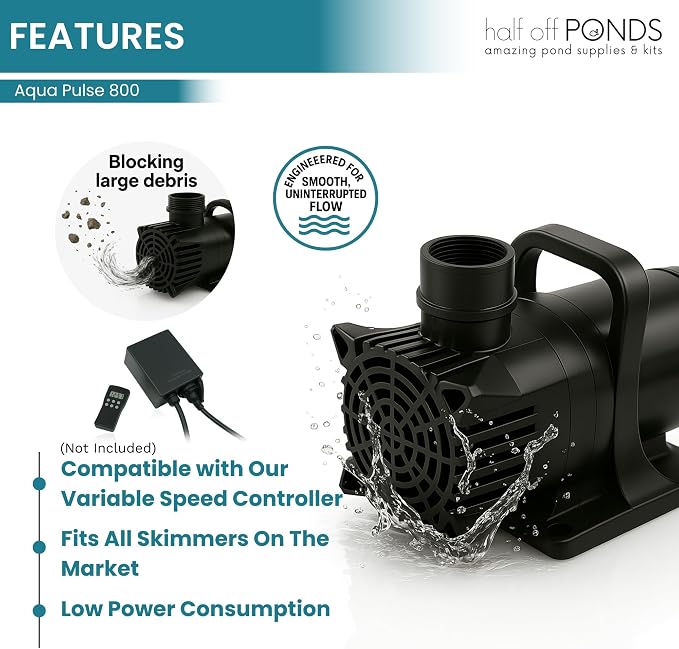 Aqua Pulse Submersible Pond Pump, 800 GPH, 33 ft Cord | 13 ft max head, 82W energy efficient, Ultra quiet, For koi ponds, Waterfalls, Fountains