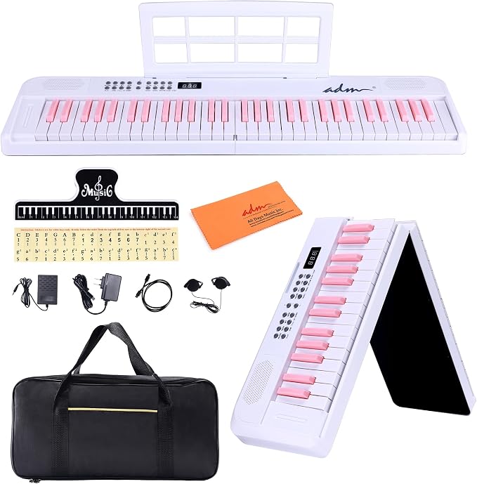 ADM 61 Key Folding Electric Piano Keyboard, Foldable Electronic Keyboard, Wireless 128 Tones, 128 Rhythms Includes Pedal, Gig Bag, Headphones for Beginners, Students, Teenagers, Adults, White