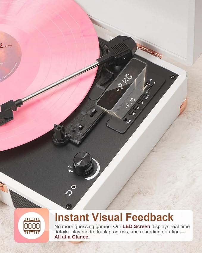 Vinyl Record Player with Built-in Speakers Vintage 3-Speed Portable Suitcase Bluetooth Turntables with USB Recording Belt-Driven LP Player Support AUX/RCA/Headphone Jack, Purple Leather