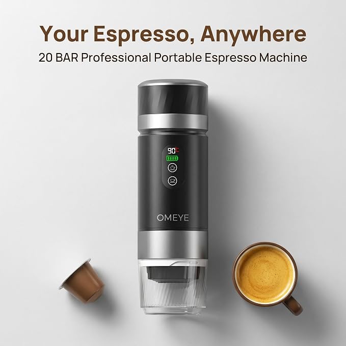 Portable Espresso Maker for Camping Travel Office – 20 Bar Self-Heating Cordless Coffee Machine, LED Display, Dual 7500mAh Battery, USB-C, Compatible with Small/Large Capsules & Ground Coffee