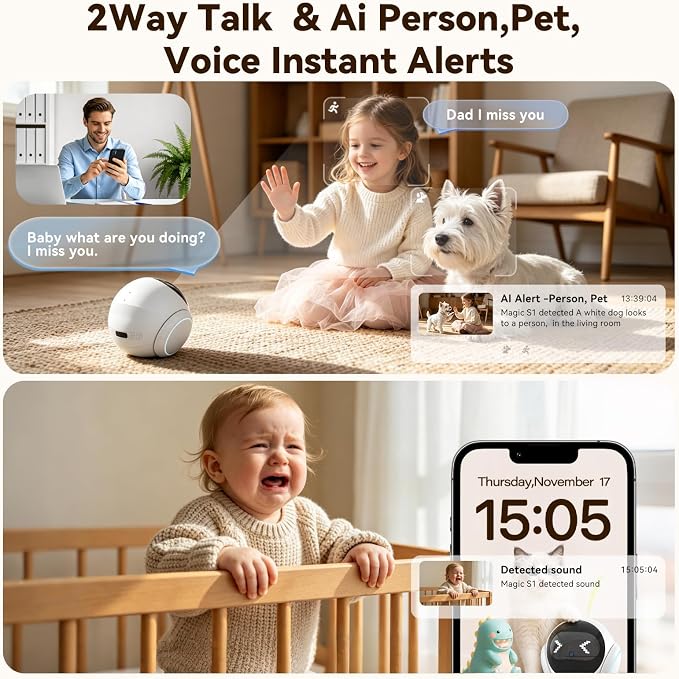 Vivideye Pet Camera 1080P, Movable Robot Security Camera for Dog Cat, Rolling Robot Indoor Camera with Talk,Battery-Operated, Auto-Recharge, Night Vision,SD/Cloud Storage, Pet/Human/Voice Detection