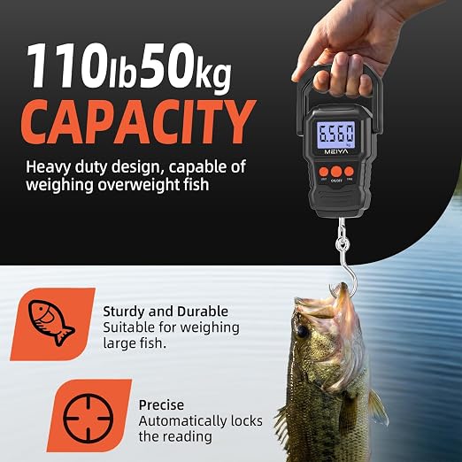 MEIYA Digital Fish Scale with Backlit LCD Display Up to 110lb/50kg for Anglers, Accurate Luggage Scale for Travel, Outdoor, Home Use, Includes 2 AAA Batteries and Hook, Essential Fishing Gear