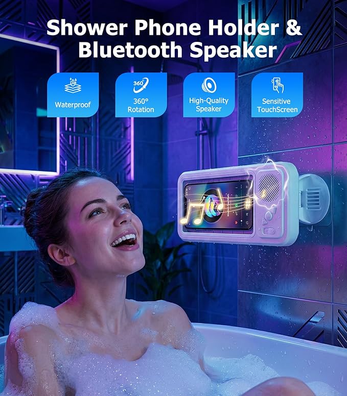 Shower Phone Holder with Bluetooth Speaker,IPX5 Waterproof,Touch-Friendly Screen Access，No-Drilling Adhesive Wall Mount,360° Rotation Bathroom Phone Holder for Shower Bathtub Kitchen Pool(White)