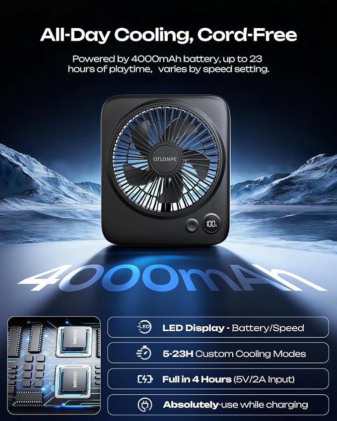 Otlonpe 2 Pack Portable Desk Fan 6.5 Inch, 4000mAh Rechargeable Battery Operated & USB Powered, 23Hrs Cordless Small Personal Travel Fan 4-Speed Quiet for Office Home Sleeping, Led Display, Foldable