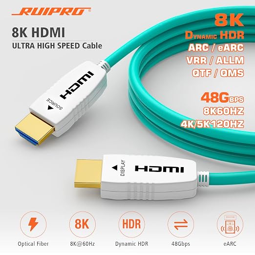 RUIPRO 8K Fiber Optic HDMI Cable 3 Feet 48Gbps 8K60Hz 4K120Hz Dynamic HDR eARC HDCP2.2/2.3 for RTX4080/4090/3080/3090, Xbox S/X, PS5/4, AVR, Projector, LG/Samsung/Sony TV