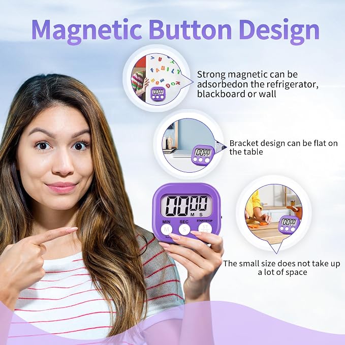 24 Pack Timers Magnetic Kitchen Timer Cooking Timers for Kitchen Digital Timer with Big Display Loud Ring Electronic Timer for Cooking, Classroom, Break Time(24, White,Green,Blue,Purple)