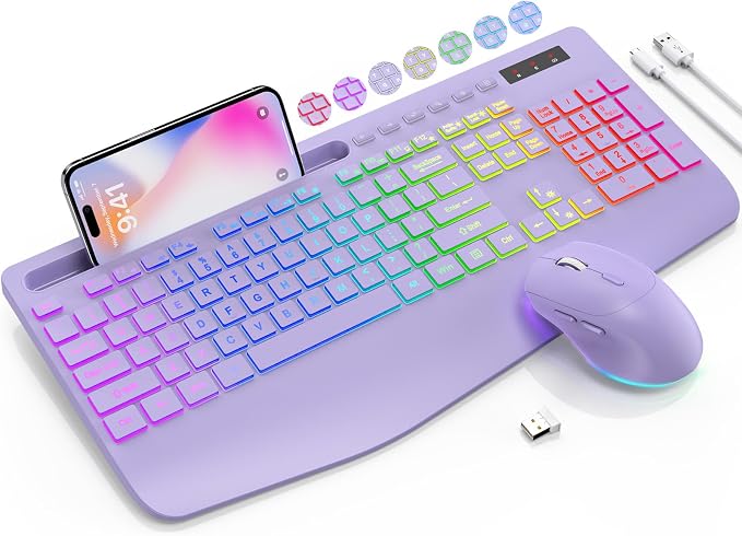SABLUTE Wireless Keyboard and Mouse Combo, 9 Backlit Effects, Wrist Rest, Phone Holder, 2.4G Lag-Free Ergonomic Keyboards, KM22 MAX Rechargeable Silent Set for Computer, Laptop, Mac, Windows（Purple）