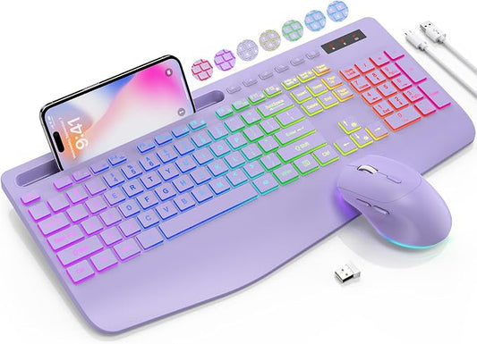 SABLUTE Wireless Keyboard and Mouse Combo, 9 Backlit Effects, Wrist Rest, Phone Holder, 2.4G Lag-Free Ergonomic Keyboards, KM22 MAX Rechargeable Silent Set for Computer, Laptop, Mac, Windows（Purple）