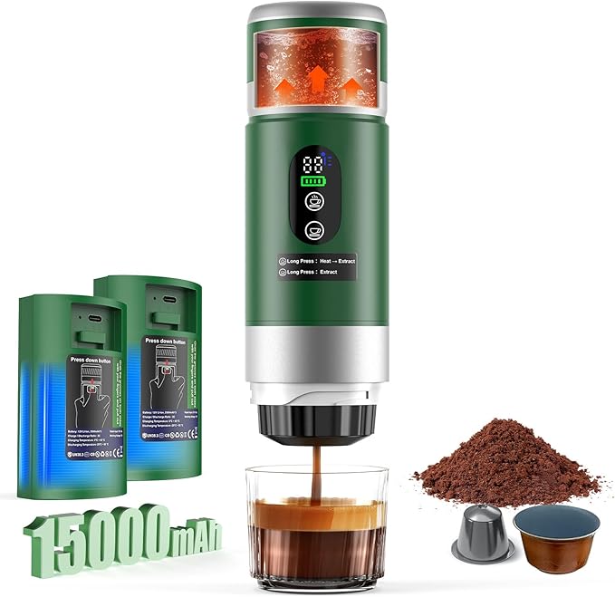 Portable Coffee Maker with Removeable Battery, 20 bar Mini Travel Coffee maker, Expresso Machine with USB-C,3-in-1 Car Coffee Maker Self-Heating, Ground Coffee & Capsule(Ns&DG)