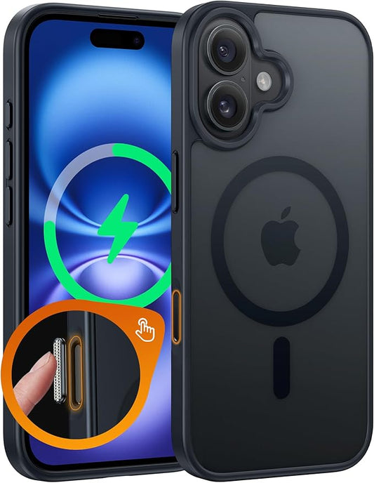 FNTCASE for iPhone 16 Plus Phone Case: Magnetic Translucent Matte Shockproof Slim Cell Phone Cover - Military Grade Drop Proof Hard Back Anti-Fingerprint Protective Case - Black-T