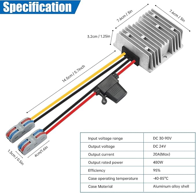 30-90V to 24V 20A 480W DC-DC Buck Converter Voltage Regulator - Heavy Duty Step Down Power Supply for Golf Carts, Solar Systems, Industrial Equipment
