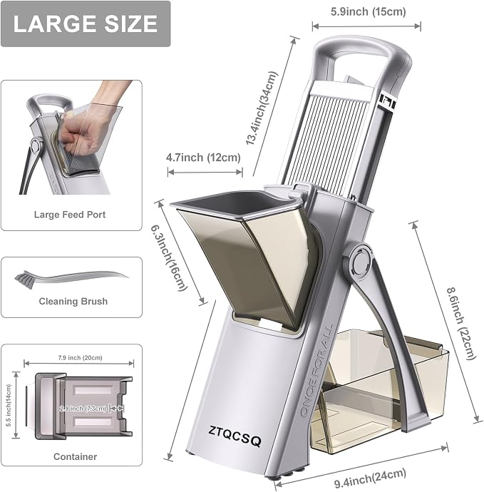 [All in 1] Upgraded Version Safe Mandoline Slicer for Kitchen, Adjustable Thickness. and Spiralizer, Veggie Slicer, Rapid Prep Mandoline, Detachable Blade, Cleaning Brush (High-grade Gray)