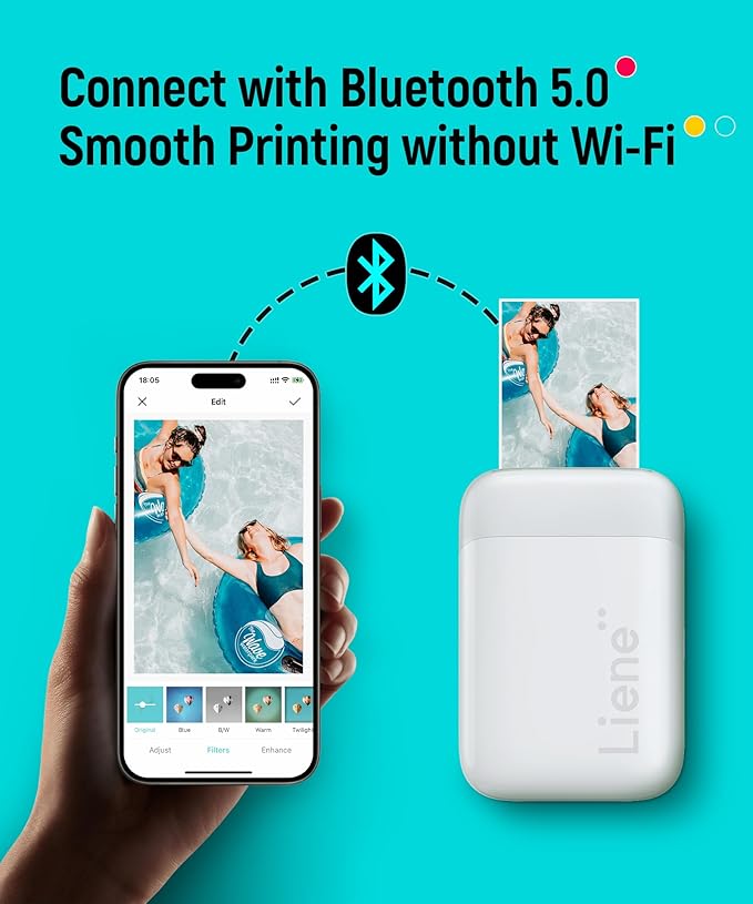 Liene Pearl K100 2x3” Photo Printer, Mini Picture Printer w/ 10 Zink Adhesive Paper, Bluetooth 5.2 Compatible w/iOS & Android, Portable Color Mono Instant Sticker Printer for iPhone, Smartphone, White