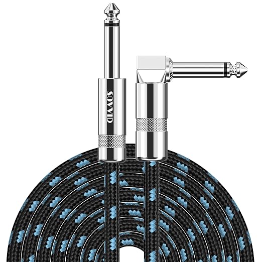 20FT Instrument Cable - Electric Guitar & Bass Guitar Cable with Right Angle 1/4 Inch Connector, Black & Blue
