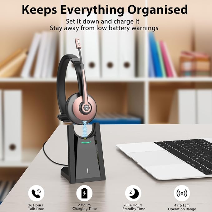 Wiressless Headset with Mic for Work, Bluetooth Headset with Noise Cancelling Microphone, On Ear Wireless Headphones with USB Dongle & Charging Base & Mute Function for Work from Home Computer Office