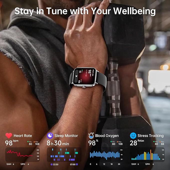 Gydom Smart Watch for Women and Men, 1.85" HD Fitness Trackers for iPhone/Android/Samsung (Answer/Make Calls), Heart Rate/Sleep/SpO2 Monitor, 101+ Sports Modes, IP68 Waterproof, 2 Bands, Black