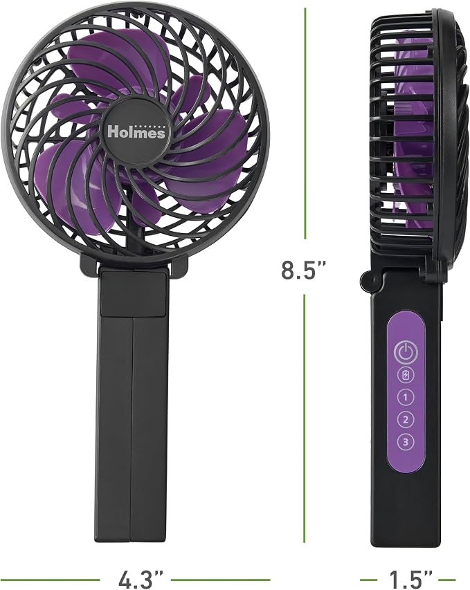 HOLMES 4" Portable Handheld Fan – 3 Speeds, Rechargeable, USB-C, 180° Adjustable, Lightweight, Compact, for Home, Office, Travel – Black, 1-Year Limited Warranty