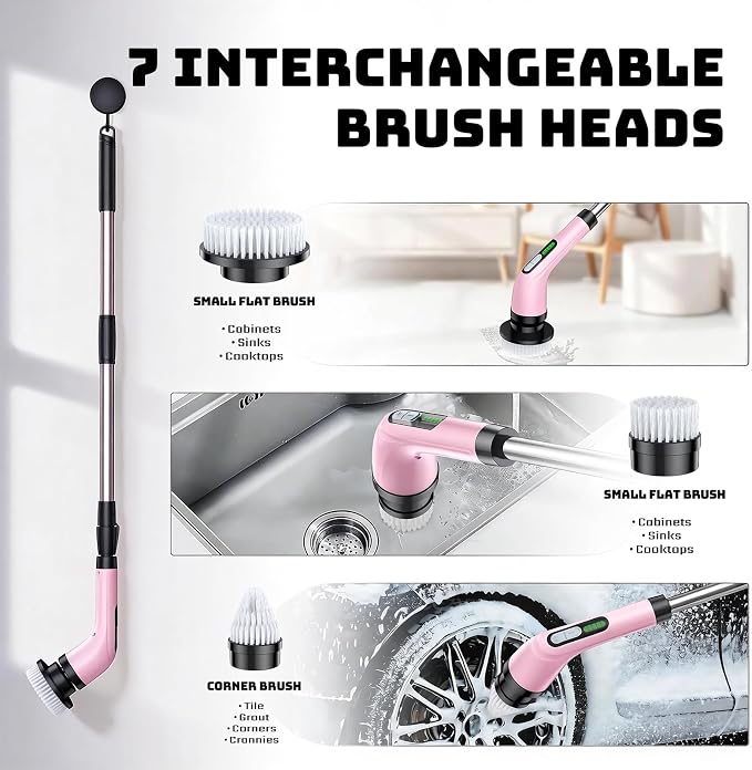 Highyes Electric Spin Scrubber for Cleaning Bathroom: Cordless Power Shower Scrubber - Electric Cleaning Brush for Tile Tub - Pink