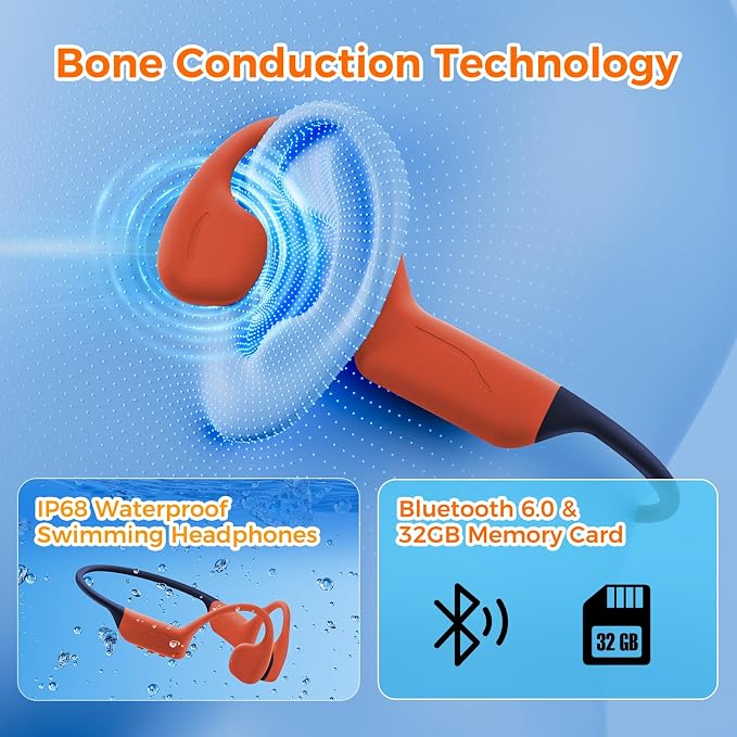 Full-Coverage Liquid Silicone Swimming Headphones, IP68 Waterproof Underwater Headphones, Bluetooth 6.0&MP3 with 32GB Memory Card, Soft/Skin-Comfortable Open Ear Bone Conduction Swim Earbuds(Carrot