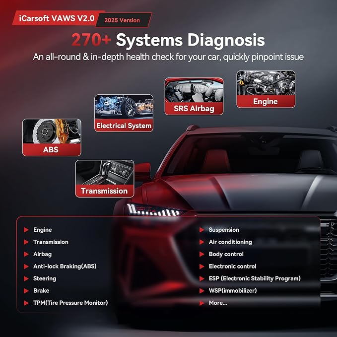 iCarsoft VAWS V2.0 2026 Ver OBD2 Scanner All System Diagnostic Tool for VW, Audi, Bentley, Bugatti, Seat, Man LD, Skoda and etc, 9 Special Services 118 Live Data Battery Test Check Engine Code Reader