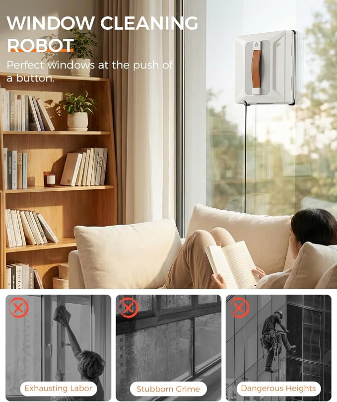 FRUITEAM Automatic Window Cleaning Robot with Smart Edge Recognition and Path Planning, with 4 Water Spray, APP and Remote Control, Triple Safety System Anti-Drop for Windows, Doors & Glass