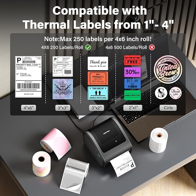D450BT Bluetooth Shipping Label Printer & 250Pcs*2 4x6 Roll Thermal Labels, Wireless Label Printer for Small Business, Thermal Printer for Shipping Labels