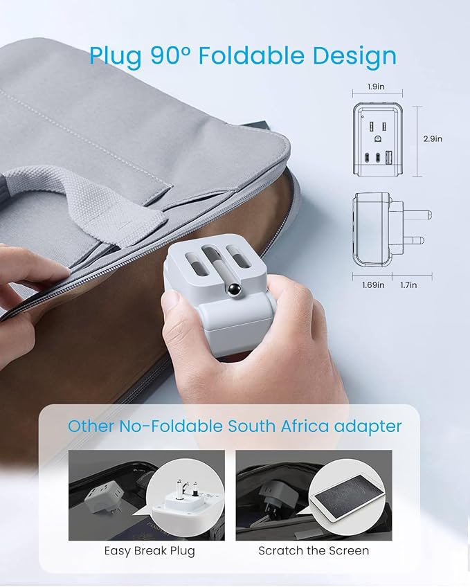 3 Pack South Africa Travel Plug Adapter, VINTAR Foldable Type M Adapter with 2 AC Outlets 3 USB Ports(2 USB C), Africa Travel Essentials for US to South Africa Namibia Nepal Malaysi