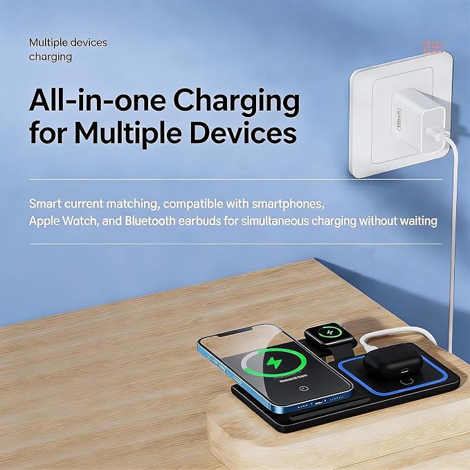 3-in-1 Foldable Wireless Charger with Night Light - 15W Fast Wireless Charger for Simultaneous Charging of Phone, Watch & Earbuds, Compatible with All Qi-Certified Devices,X455 Black.