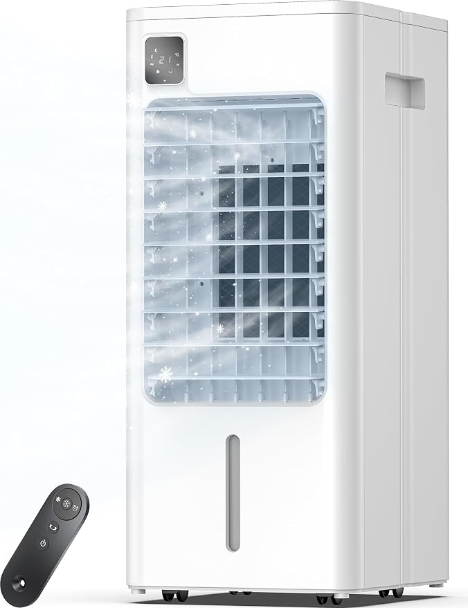 Portable Air Conditioner, Evaporative Air Cooler Windowless with Remote, 3 Speeds, 12H Timer, Oscillating Swamp Cooler for Bedroom, Living Room, White
