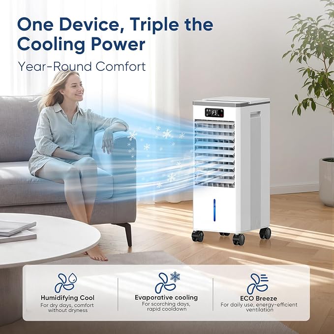 Windowless Portable Air Conditioners Fan, Evaporative Air Cooler 3 Modes & 3 Speeds, 2-Gal Tank for 20H Cooling,12H Timer for Smart Auto-off, 16FT Remote,No Hose Needed,38db Swamp Cooler FK2306Y