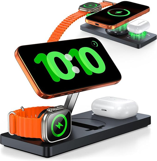 Foldable 3-in-1 Wireless Charging Station for Apple Magsafe Charger Stand, Travel-Friendly Fast Magnetic Wireless Charger Station for iPhone 17/16/15/14/13/12, Apple Watch & AirPods Series, Black