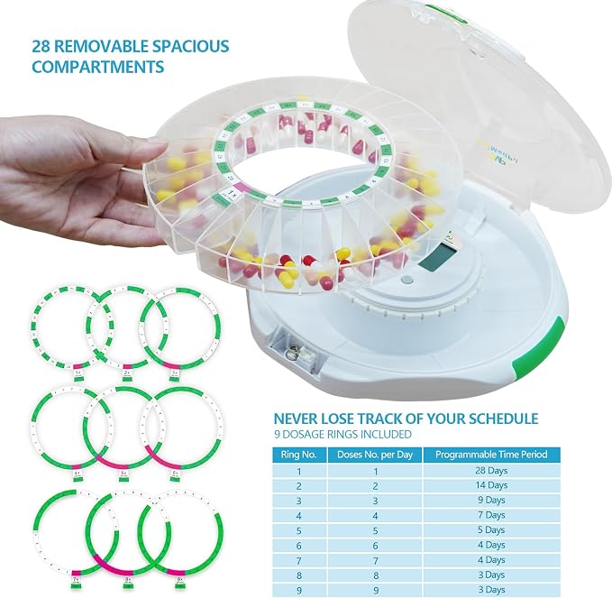 WiFi Automatic Pill Dispenser with Remote Operation via App for Caregivers | Up to 9 Alarms & Sound-Light Reminders for Parkinson & Alzheimer Patients, Real-Time Monitoring & Adherence History Tracking